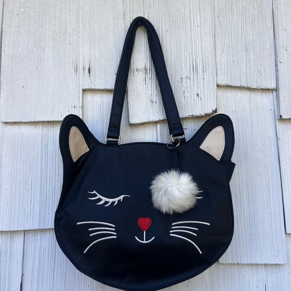 Womens Black Cat‎ Face Tote Bag Faux Leather Pom Pom Charm